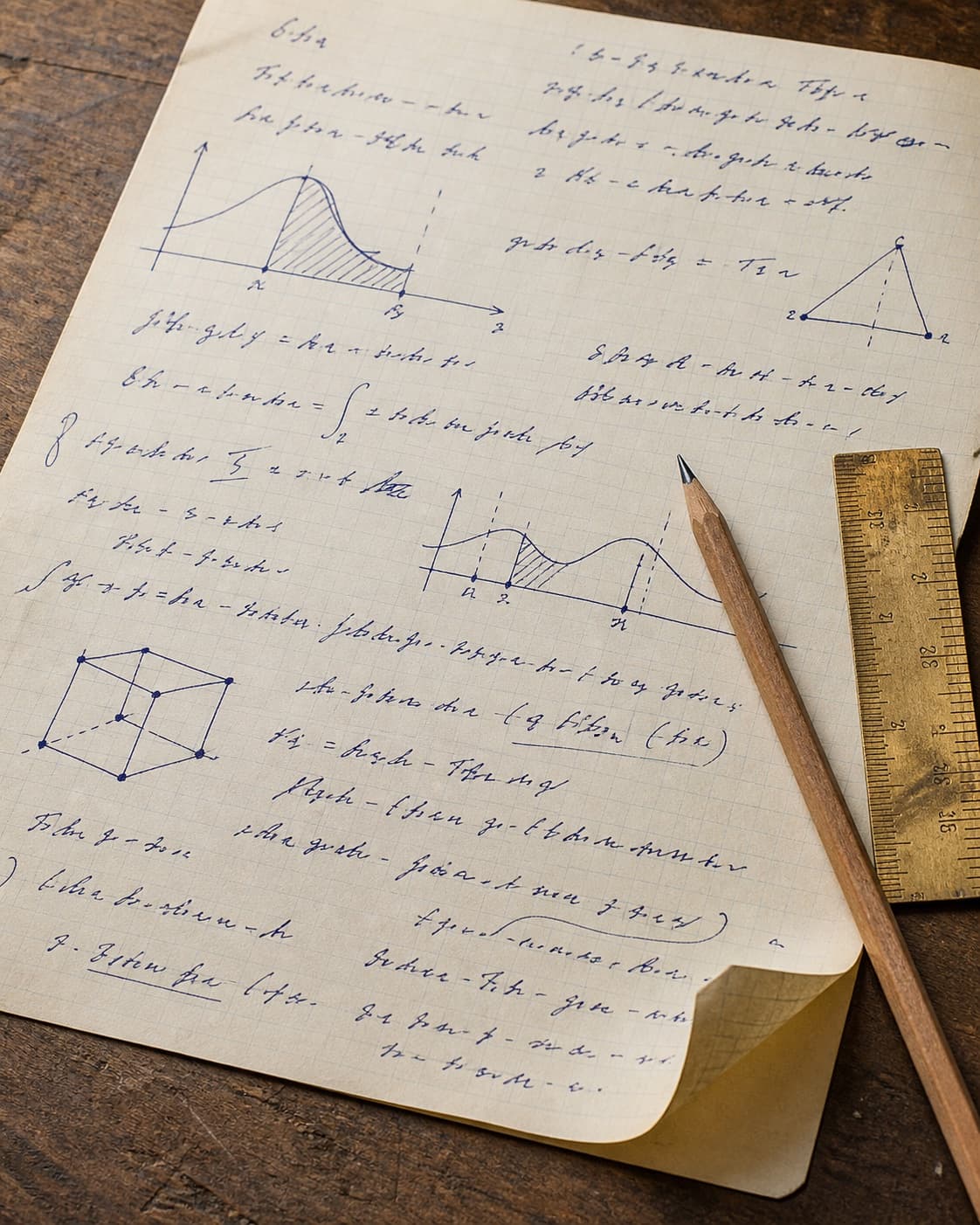 A sheet of cream graph paper with handwritten mathematical equations and sketched curves in dark navy ink, beside a sharpened pencil and a brass ruler on a wooden writing desk.