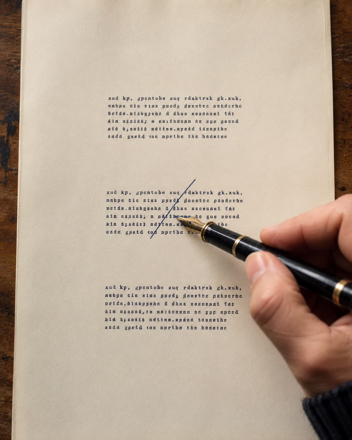 A hand mid-stroke with a vintage fountain pen editing through one of three short typed paragraphs on cream paper, on a worn wooden desk.