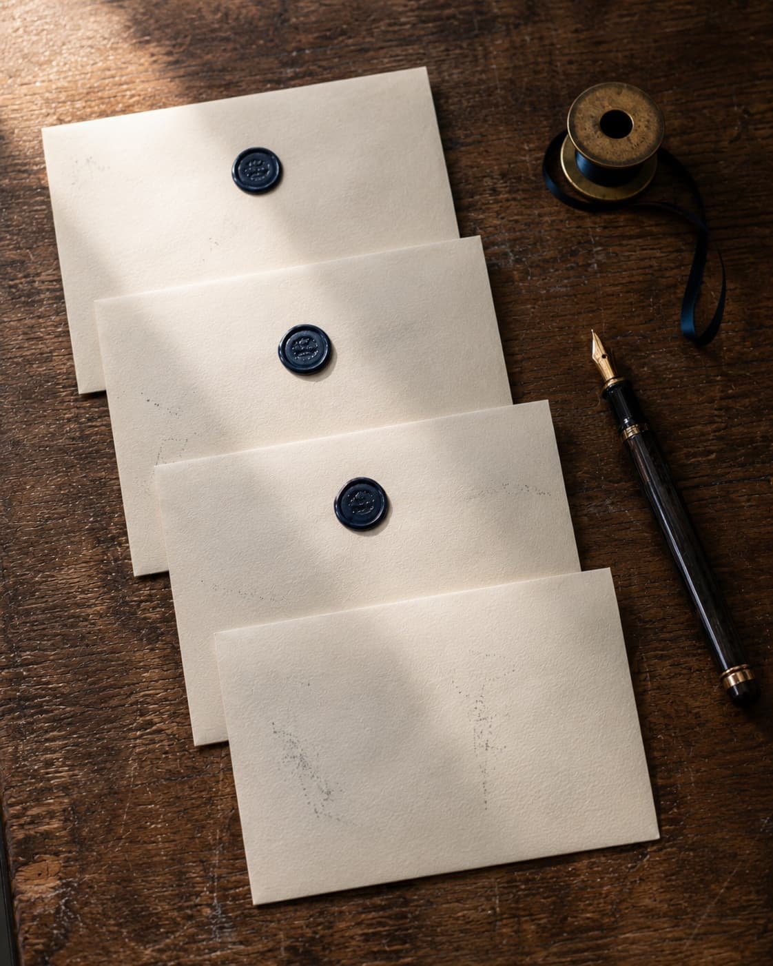 A row of stamped letters laid out on a desk in sequence, with a fountain pen and a small ribbon, signalling a deliberate ordered process.