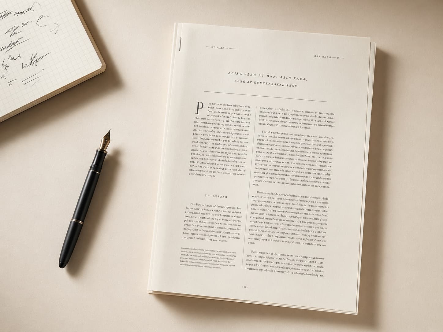 A typed Neural Flow campaign brief on cream paper, with a fountain pen and a notebook of handwritten observations alongside it on a desk.