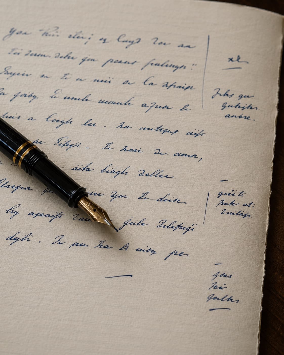 A hand annotating a printed strategy document with a fountain pen on a UK desk, with margin notes visible at the edge of the page.